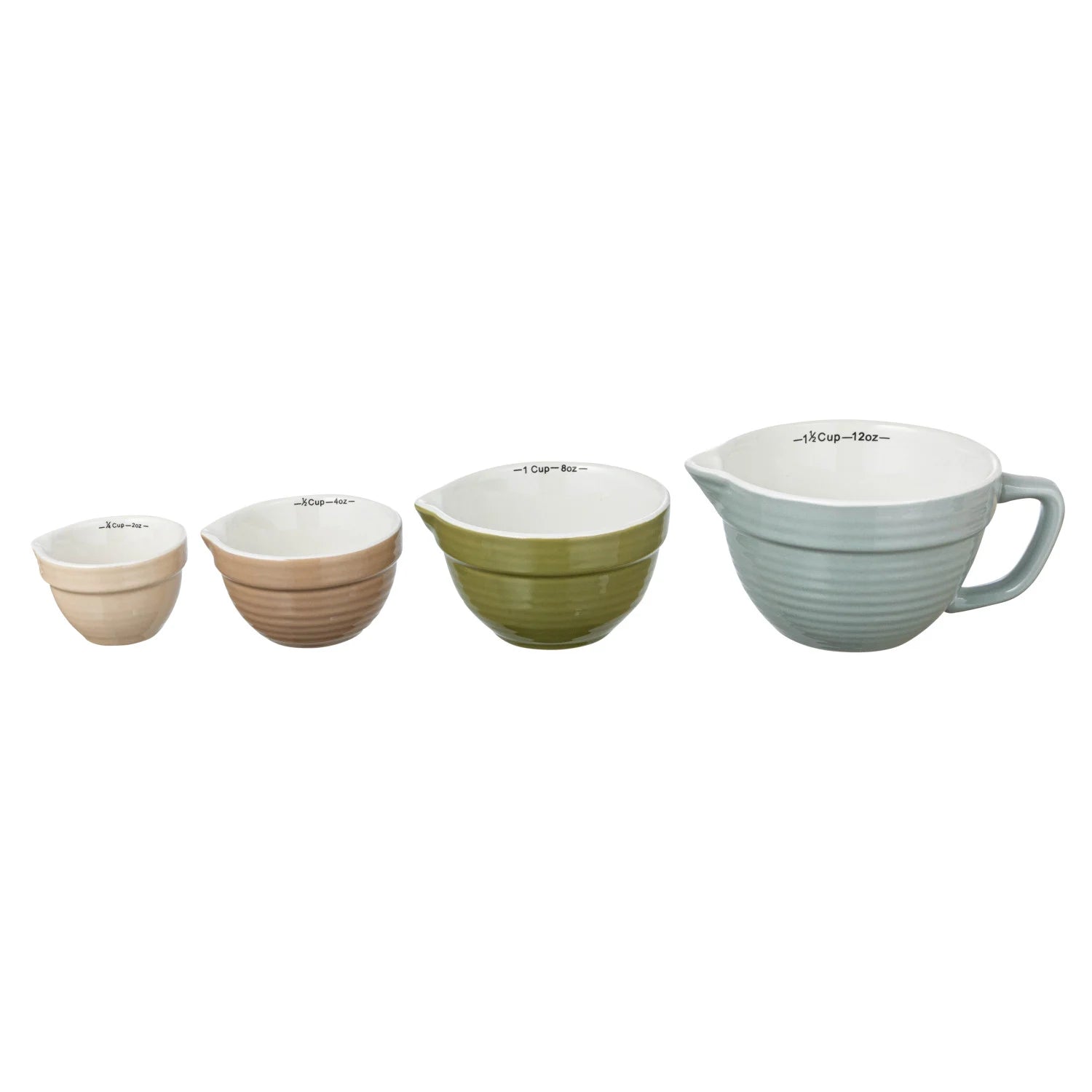 STONEWARE BATTER BOWL MEASURING CUPS, 4 COLORS, SET OF 4