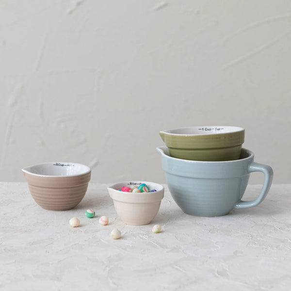 STONEWARE BATTER BOWL MEASURING CUPS, 4 COLORS, SET OF 4