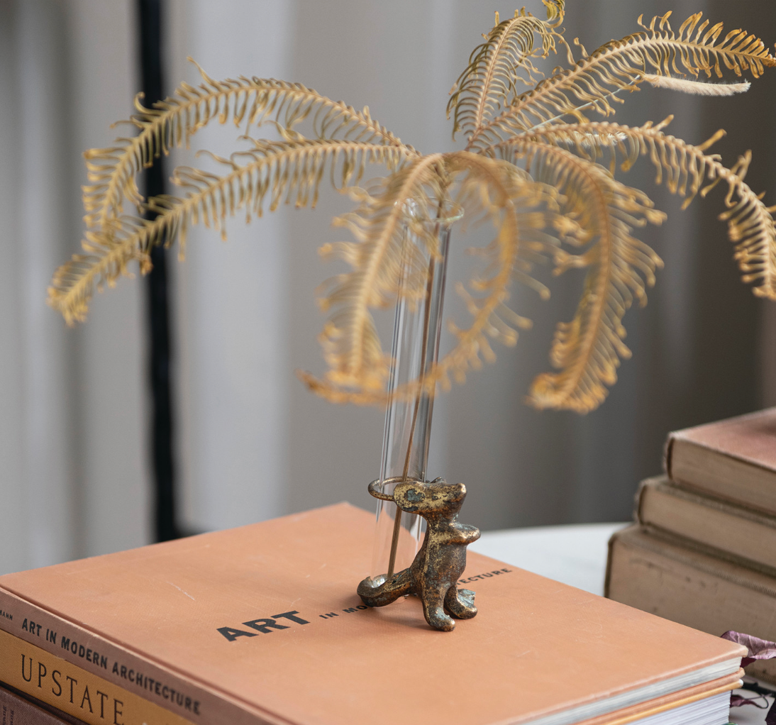 CAST IRON MOUSE WITH GLASS TENT TUBE VASE, ANTIQUE GOLD FINISH