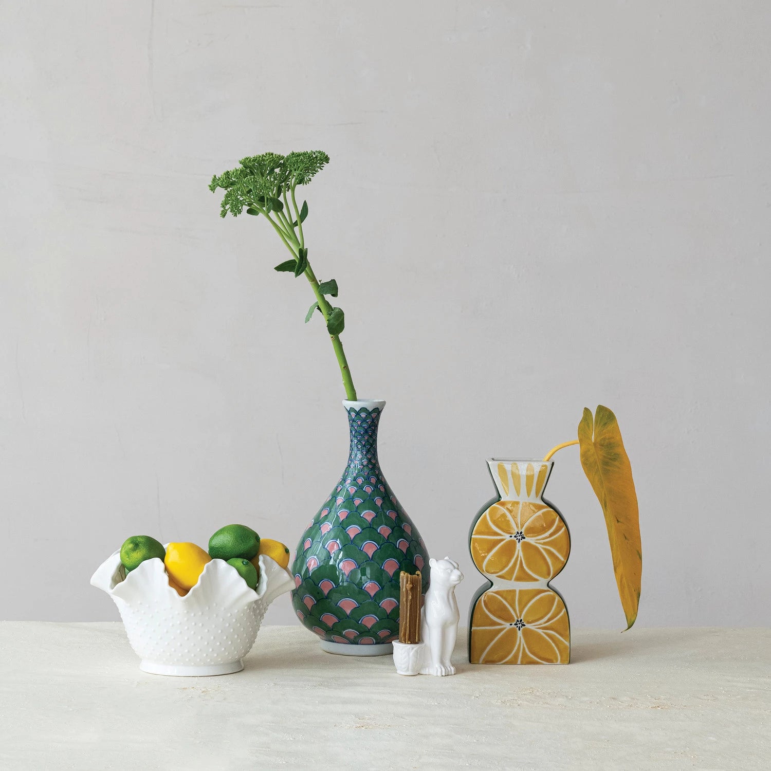 STONEWARE VASE WITH WAX RELIEF DESIGN, YELLOW
