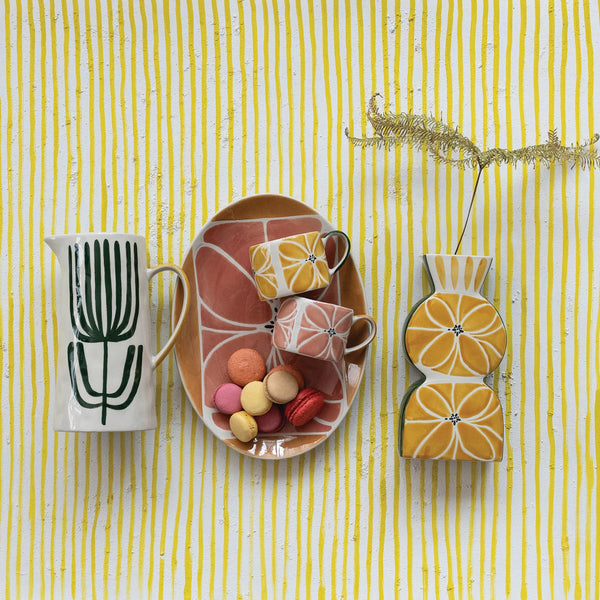 STONEWARE VASE WITH WAX RELIEF DESIGN, YELLOW
