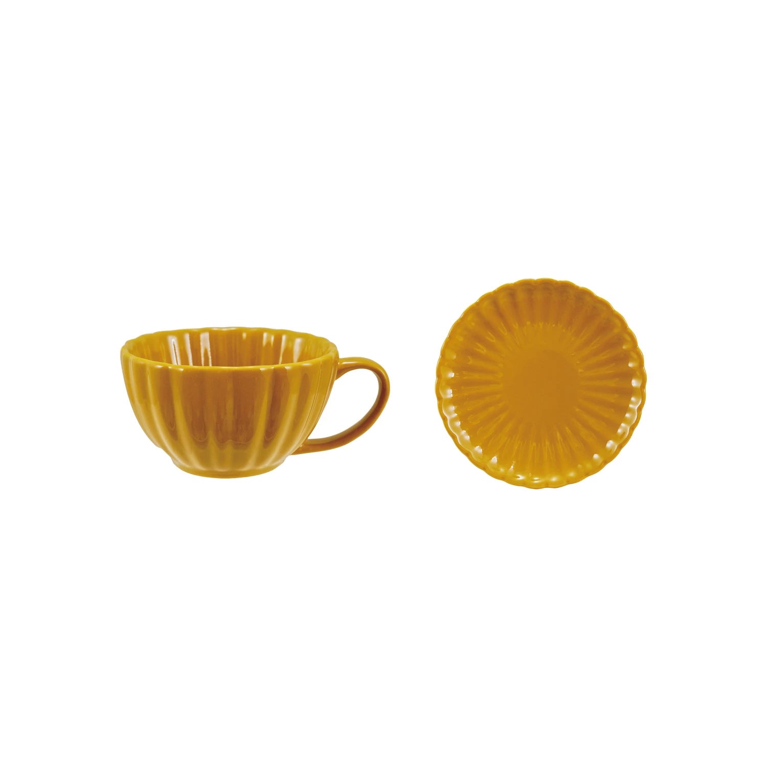 GOLDEN RIBBED MUG W/ SAUCER, REACTIVE GLAZE