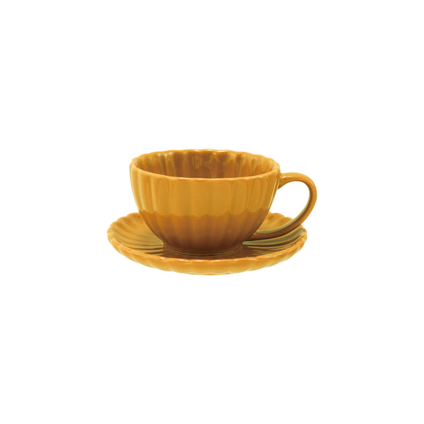 GOLDEN RIBBED MUG W/ SAUCER, REACTIVE GLAZE