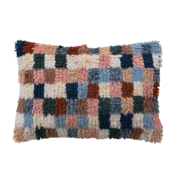 NEW ZEALAND WOOL TUFTED CHECKERED LUMBAR PILLOW WITH COTTON BACK