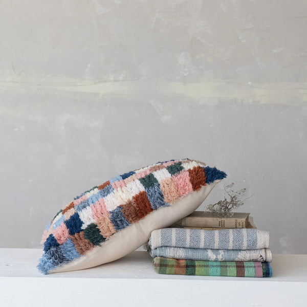 NEW ZEALAND WOOL TUFTED CHECKERED LUMBAR PILLOW WITH COTTON BACK