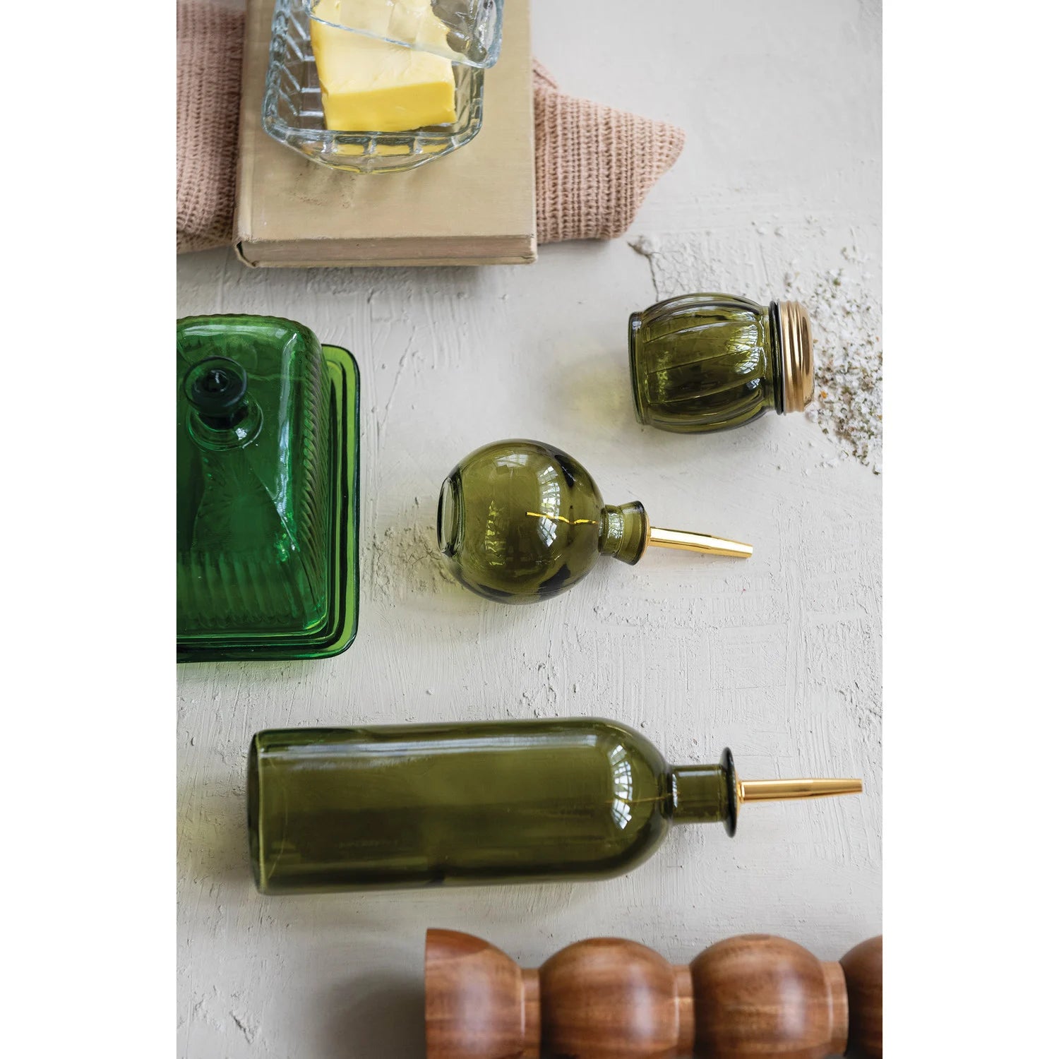 4 OZ. GLASS BITTER BOTTLE WITH METAL STOPPER, OLIVE COLOR & GOLD FINISH