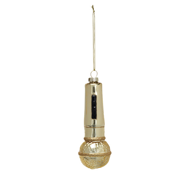 A glass microphone ornament with glitter and a gold finish, hanging from a chain against a white background.
