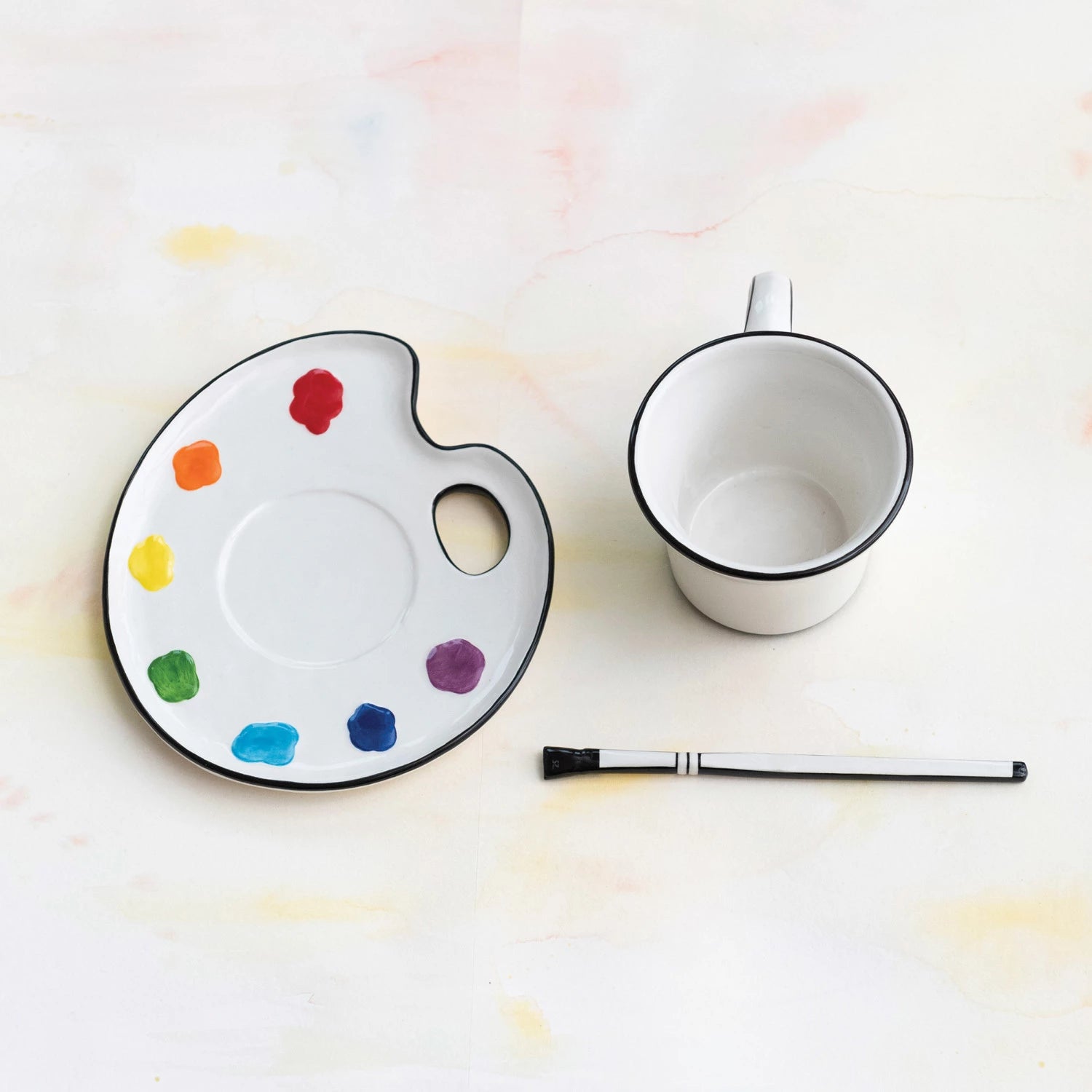 CERAMIC PAINT PALETTE SAUCER W/ TEACUP & BRUSH SHAPED STIRRER, SET OF 3