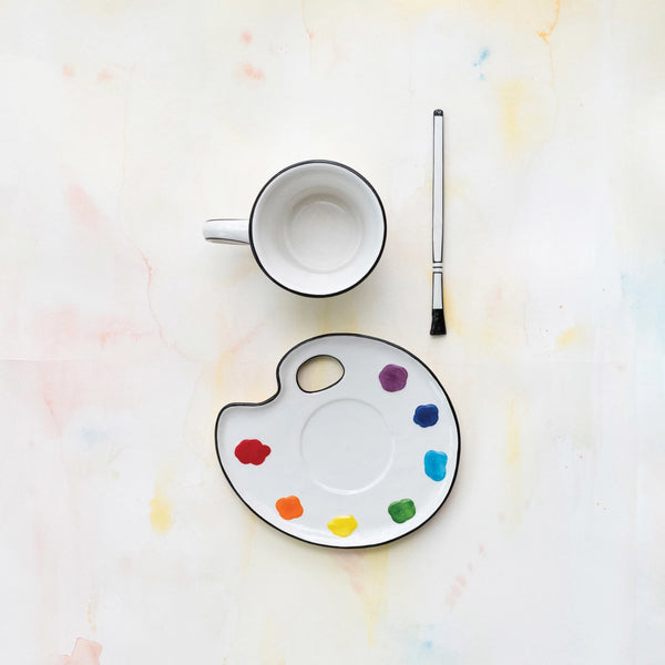 CERAMIC PAINT PALETTE SAUCER W/ TEACUP & BRUSH SHAPED STIRRER, SET OF 3