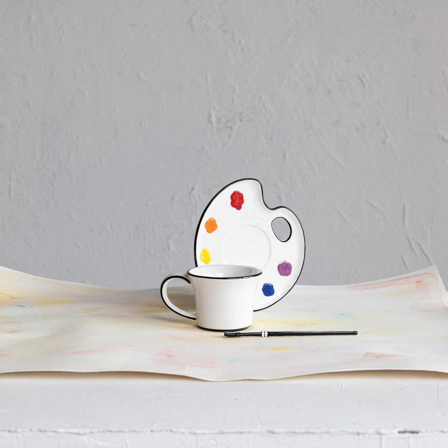 CERAMIC PAINT PALETTE SAUCER W/ TEACUP & BRUSH SHAPED STIRRER, SET OF 3