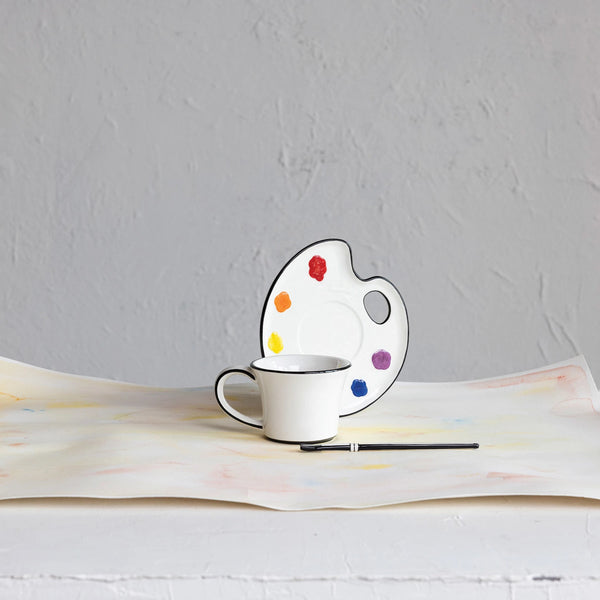 CERAMIC PAINT PALETTE SAUCER W/ TEACUP & BRUSH SHAPED STIRRER, SET OF 3