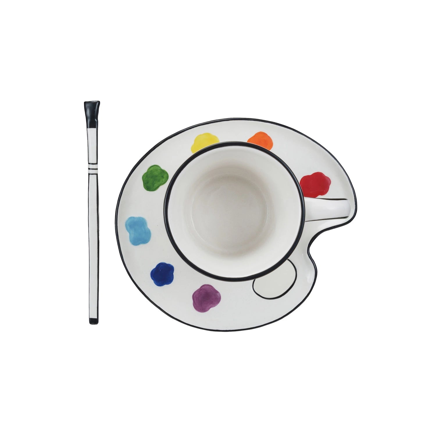 CERAMIC PAINT PALETTE SAUCER W/ TEACUP & BRUSH SHAPED STIRRER, SET OF 3