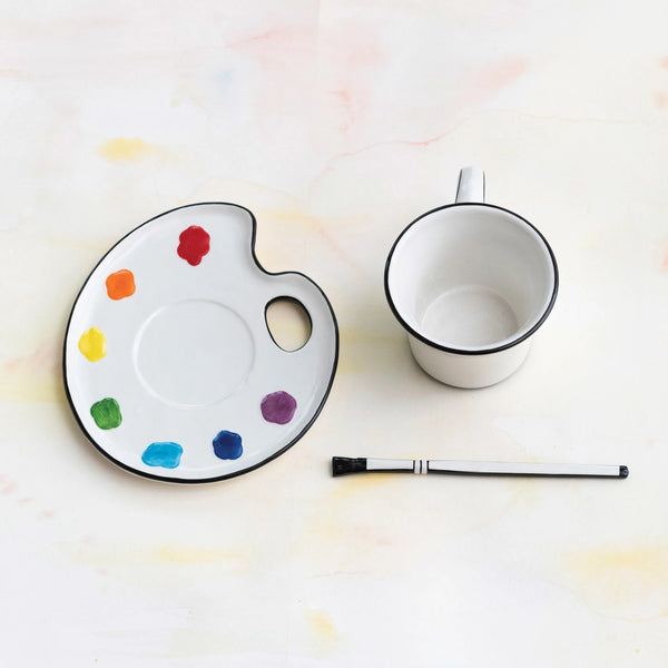 CERAMIC PAINT PALETTE SAUCER W/ TEACUP & BRUSH SHAPED STIRRER, SET OF 3