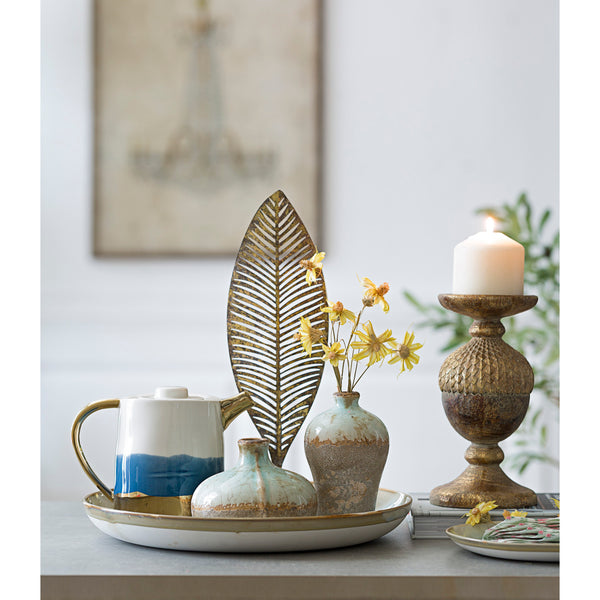 DISTRESSED PALE BLUE GLAZE TERRACOTTA VASE