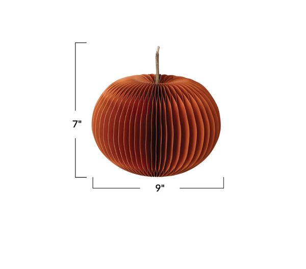 Brown paper pumpkin with dimensions on a white background