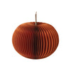 A folding honeycomb-patterned pumpkin with an orange color finish and a dried natural twig stem.