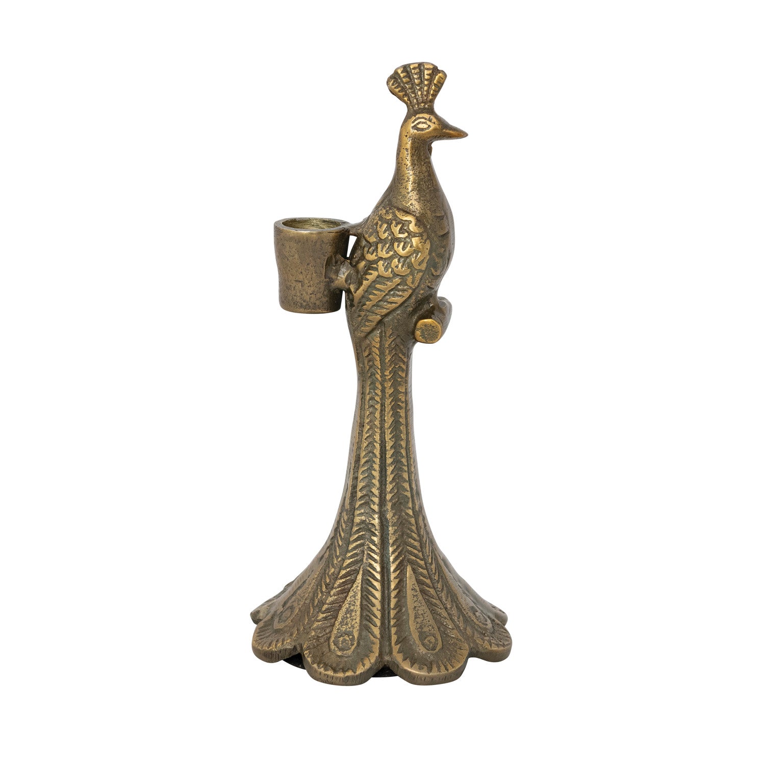 CAST ALUMINUM PEACOCK SHAPED TAPER HOLDER, ANTIQUE GOLD FINISH