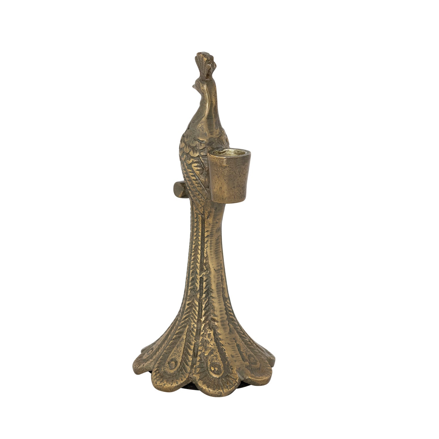 CAST ALUMINUM PEACOCK SHAPED TAPER HOLDER, ANTIQUE GOLD FINISH