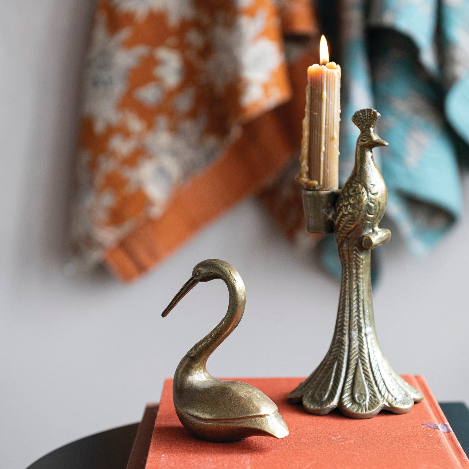 CAST ALUMINUM PEACOCK SHAPED TAPER HOLDER, ANTIQUE GOLD FINISH