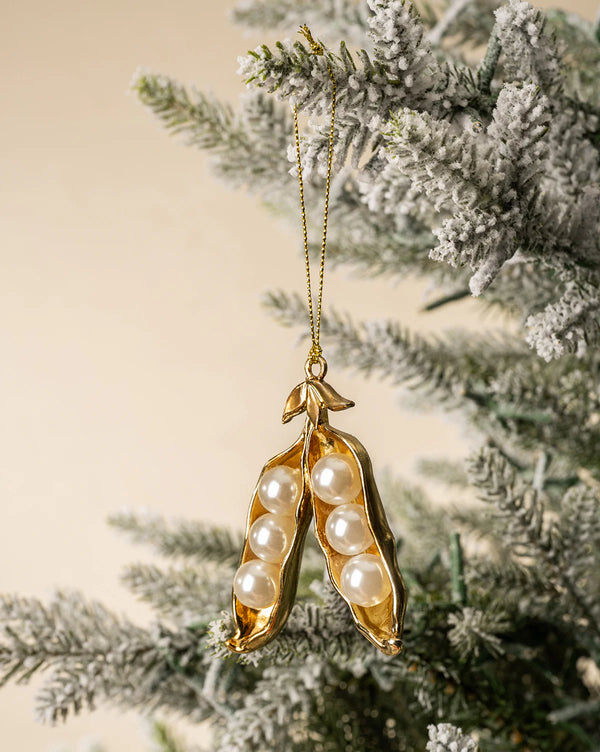 METAL & FAUX PEARL PEA POD ORNAMENT, GOLD & CREAM COLOR