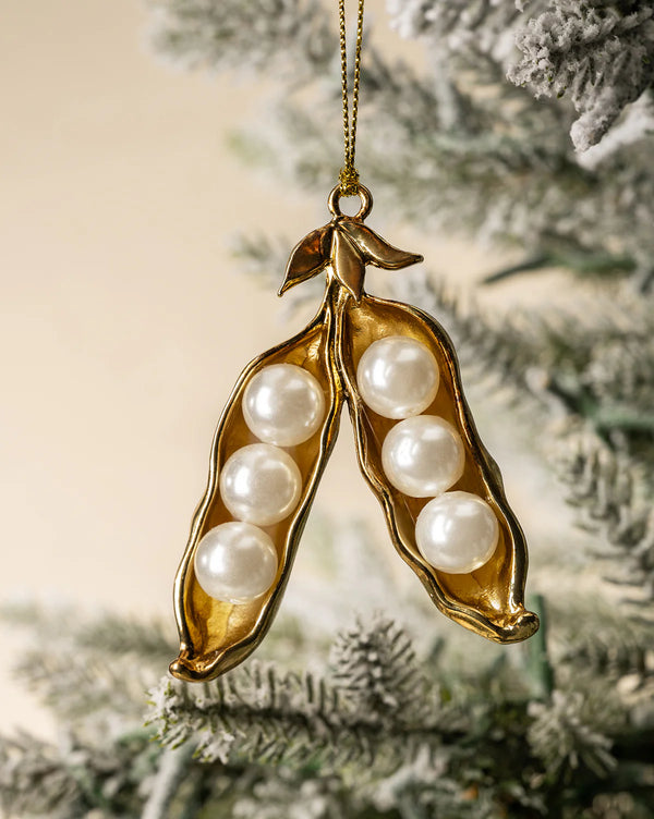 METAL & FAUX PEARL PEA POD ORNAMENT, GOLD & CREAM COLOR
