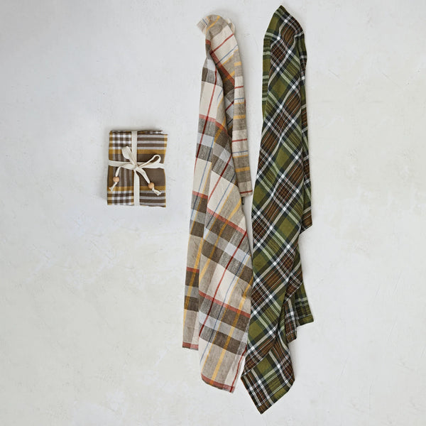 COTTON PRINTED TEA TOWELS W/ TIE W/ WOOD BEADS, MULTI COLOR PLAID, SET OF 3