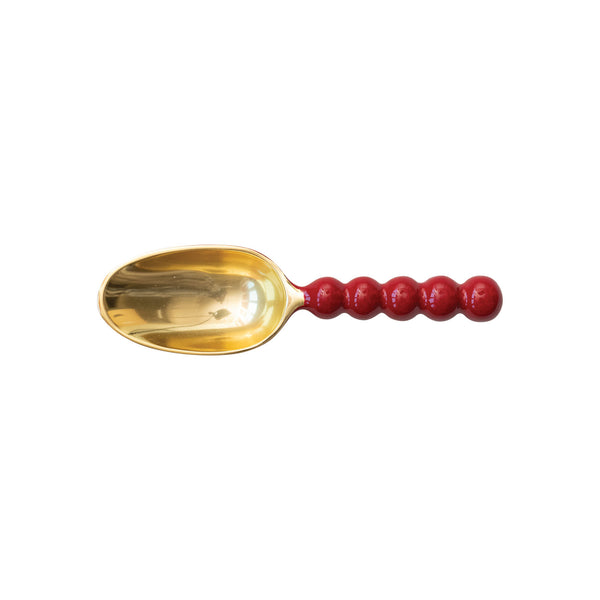 A red and gold finish enameled aluminum scoop with a smooth bowl and a handle.