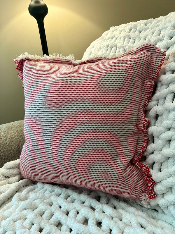 18" SQUARE WOVEN COTTON PILLOW W/ STRIPES & FRINGE, RED & WHITE