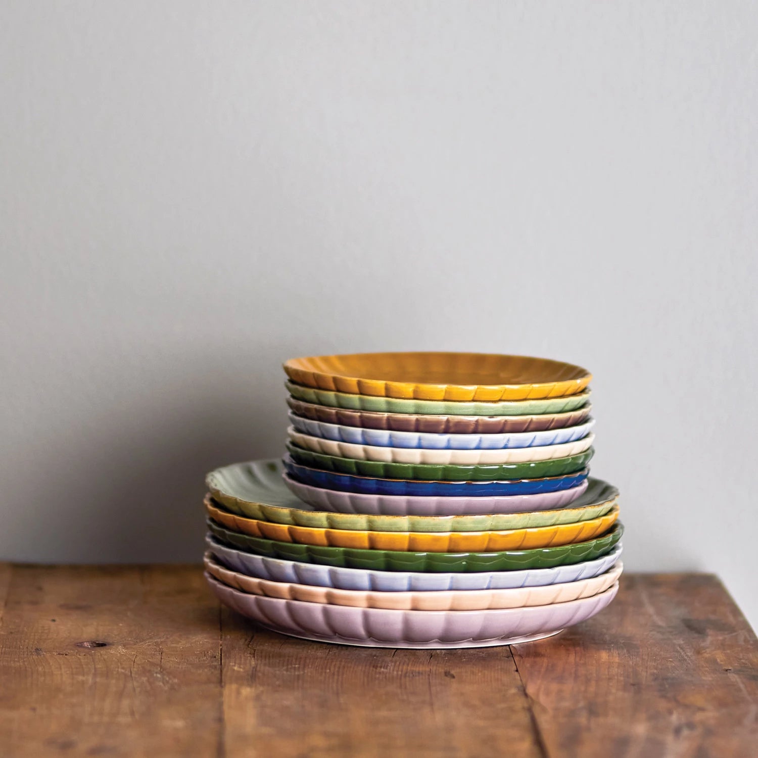 STONEWARE FLUTED PLATE, REACTIVE GLAZE, SAGE GREEN
