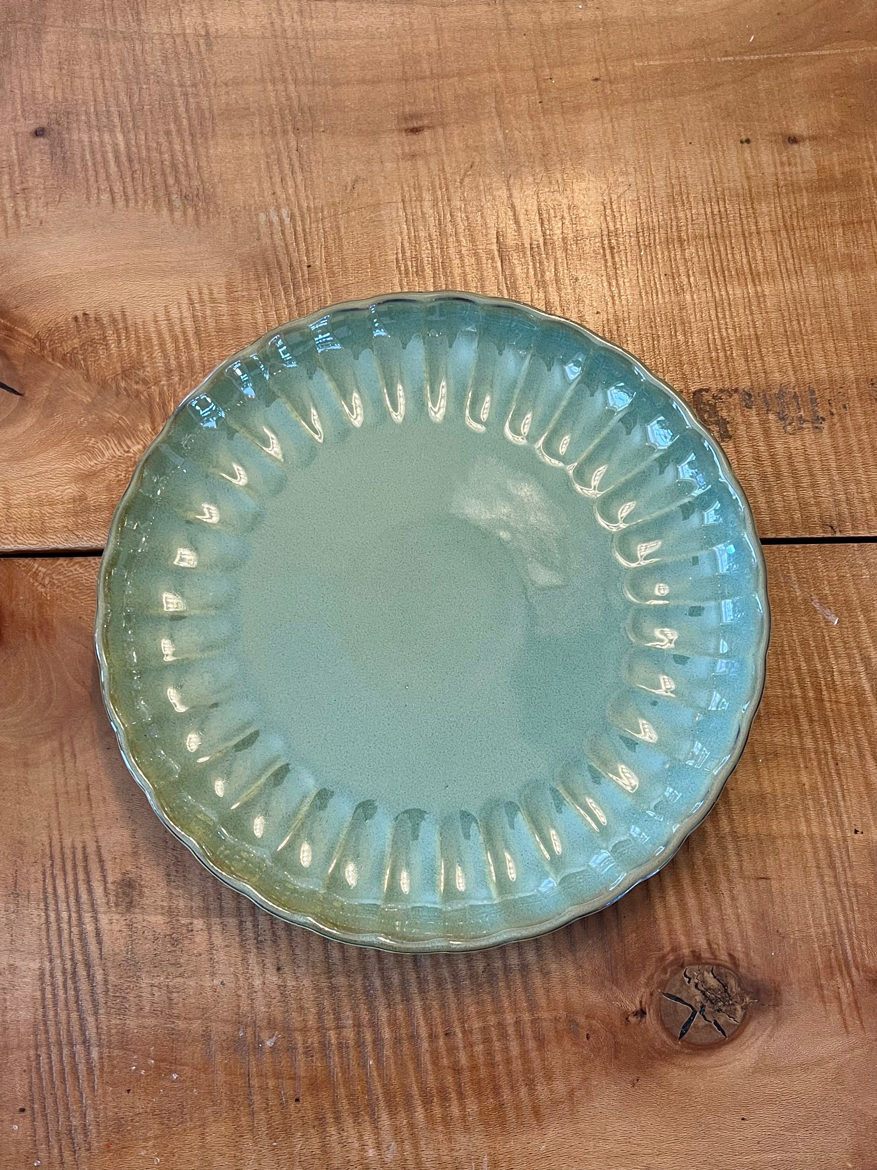 STONEWARE FLUTED PLATE, REACTIVE GLAZE, SAGE GREEN