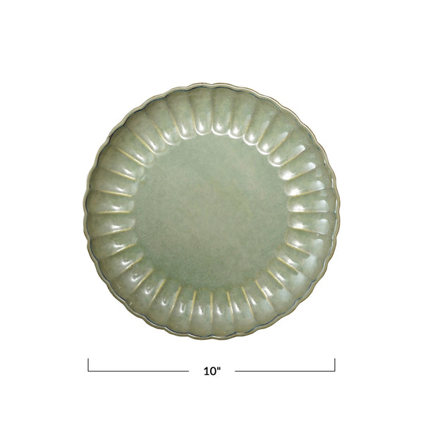 STONEWARE FLUTED PLATE, REACTIVE GLAZE, SAGE GREEN
