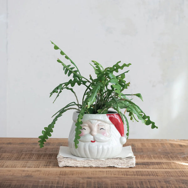 STONEWARE SANTA HEAD SHAPED PLANTER, RED & WHITE (HOLD 5" POT)