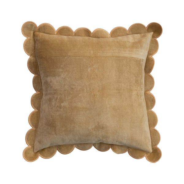 Cotton Velvet Pillow w/ Scalloped Flange & Embroidered Edge, Mustard Color
