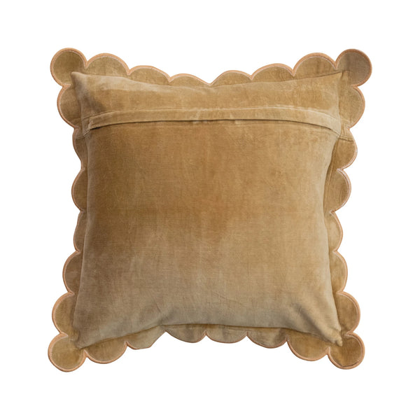 COTTON VELVET PILLOW W/ SCALLOPED FLANGE & EMBROIDERED EDGE, MUSTARD COLOR
