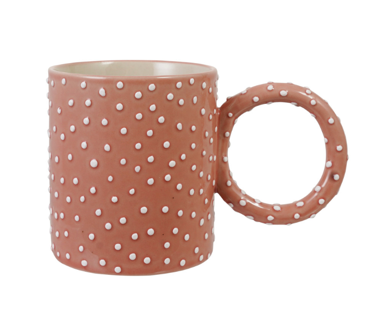 14 OZ. HAND-PAINTED STONEWARE MUG WITH RIASED DOTS