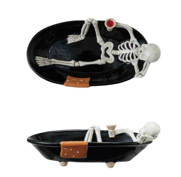CERAMIC SKELETON IN TUB SHAPED BOWL, BLACK, WHITE & ORANGE COLOR
