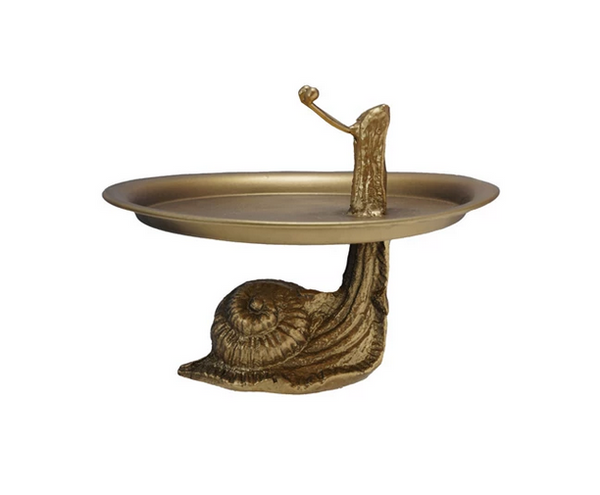 DECORATIVE METAL TRAY WITH SNAIL SHAPED STAND, GOLD FINISH