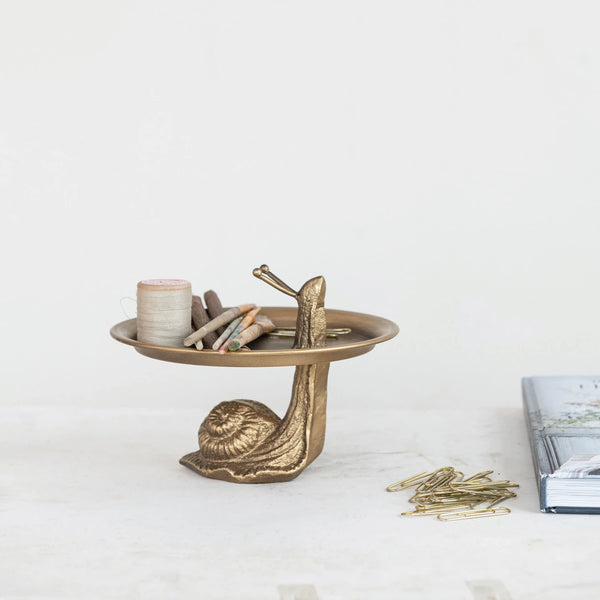 DECORATIVE METAL TRAY WITH SNAIL SHAPED STAND, GOLD FINISH