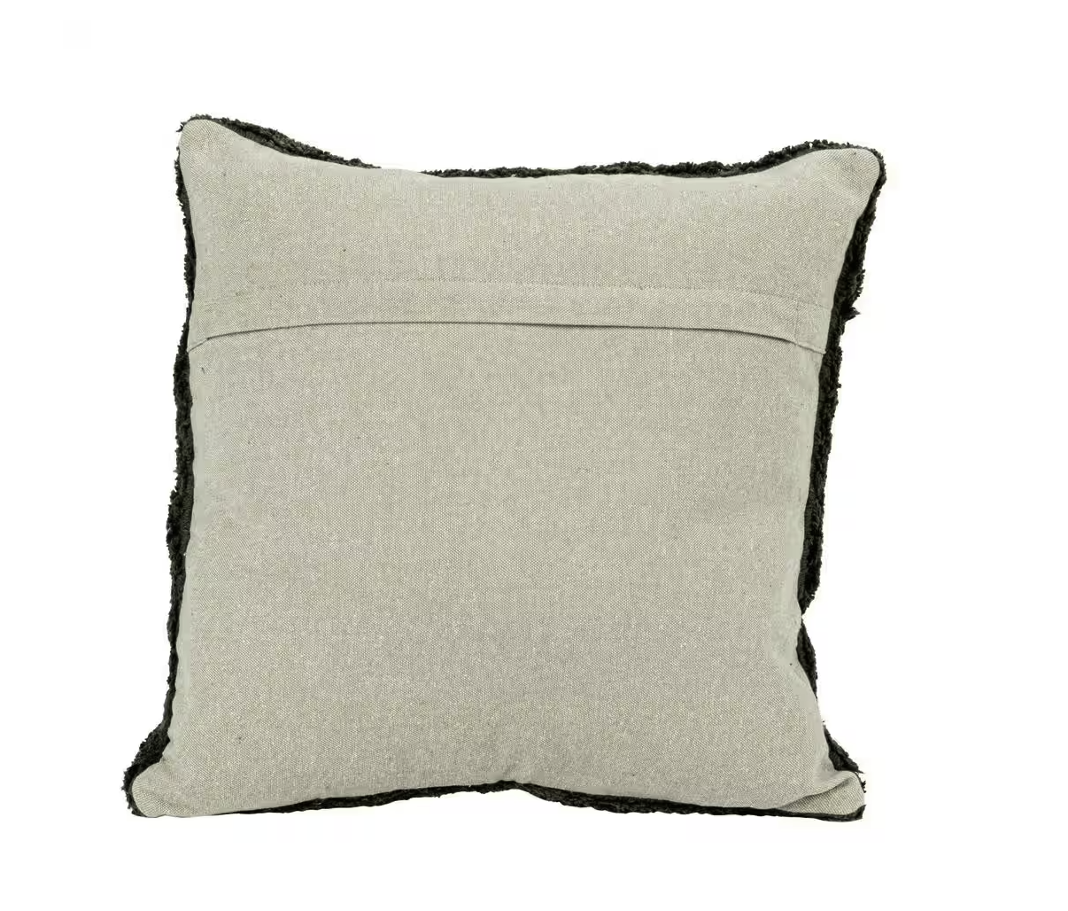 Beige pillow with black trim on a white background