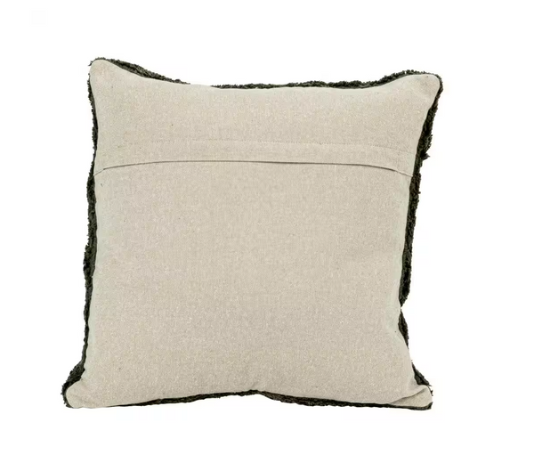 Beige pillow with black trim on a white background