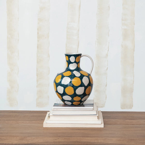 4 QUART HAND-PAINTED STONEWARE JUG W/ WAX RELIEF DOTS