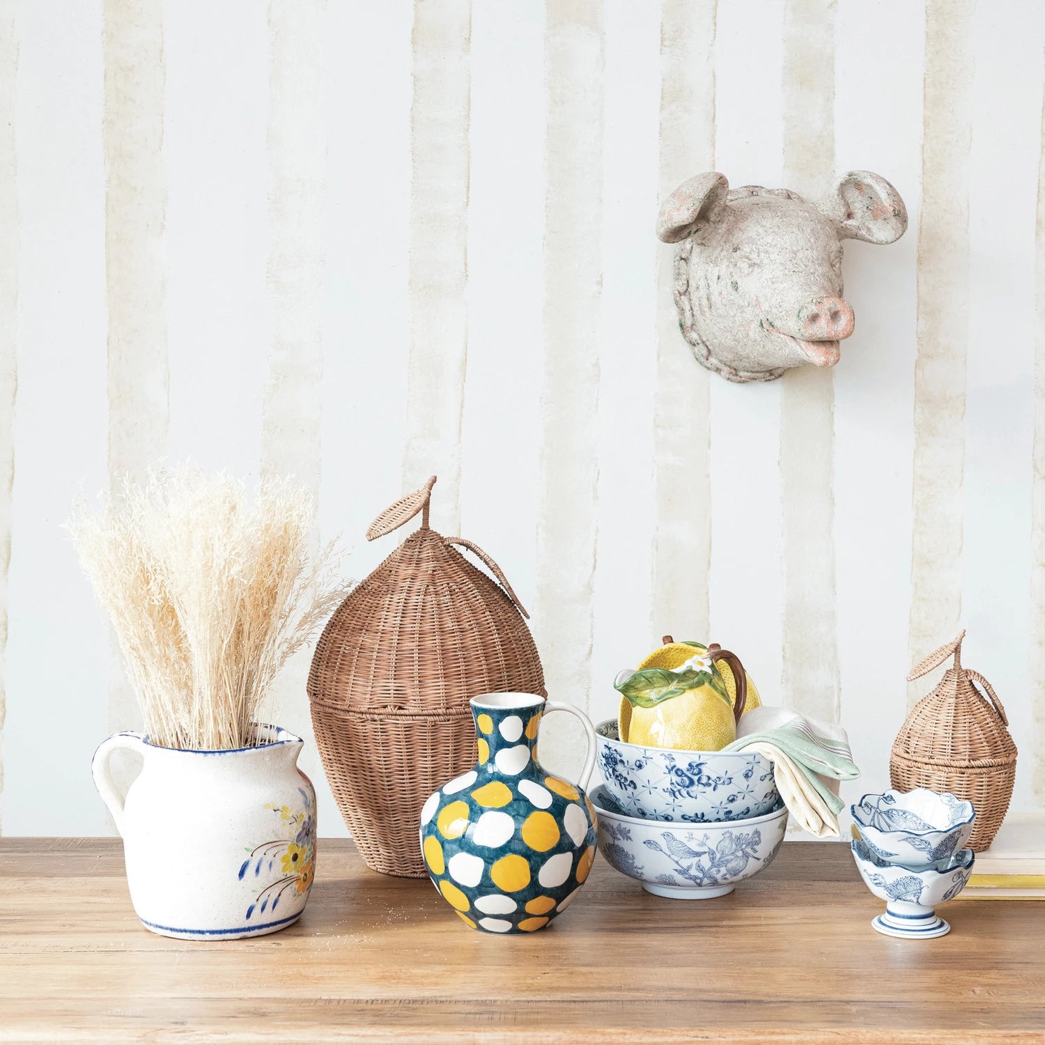 4 QUART HAND-PAINTED STONEWARE JUG W/ WAX RELIEF DOTS