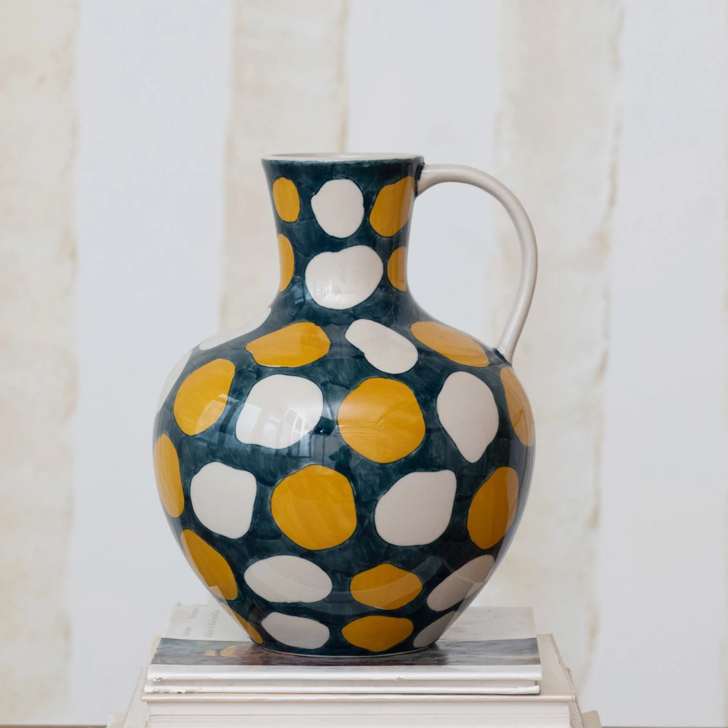 4 QUART HAND-PAINTED STONEWARE JUG W/ WAX RELIEF DOTS