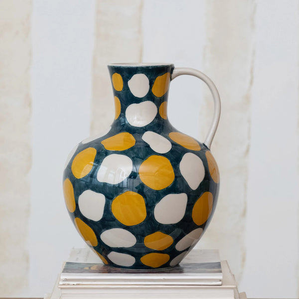 4 QUART HAND-PAINTED STONEWARE JUG W/ WAX RELIEF DOTS