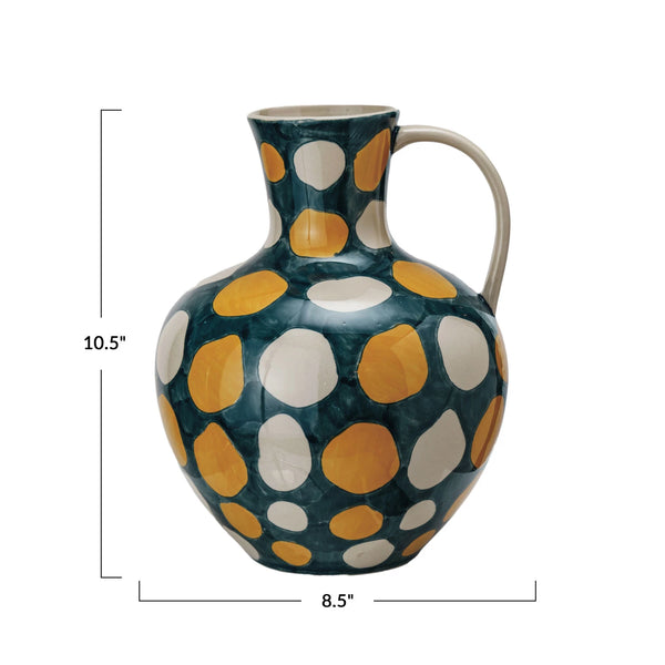 4 QUART HAND-PAINTED STONEWARE JUG W/ WAX RELIEF DOTS