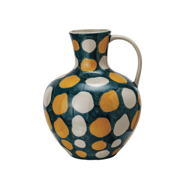 4 QUART HAND-PAINTED STONEWARE JUG W/ WAX RELIEF DOTS