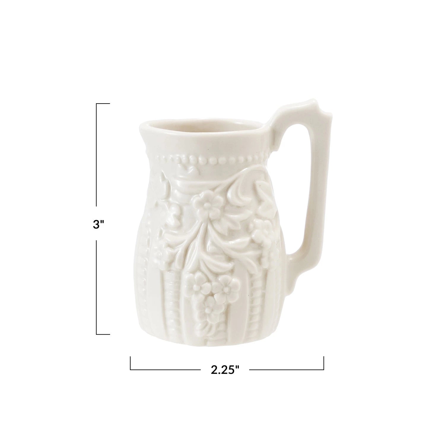 2 OZ. EMBOSSED STONEWARE VINTAGE REPRODUCTION CREAMER, WHITE