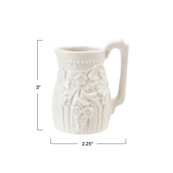 2 OZ. EMBOSSED STONEWARE VINTAGE REPRODUCTION CREAMER, WHITE