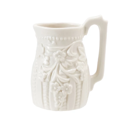 2 OZ. EMBOSSED STONEWARE VINTAGE REPRODUCTION CREAMER, WHITE