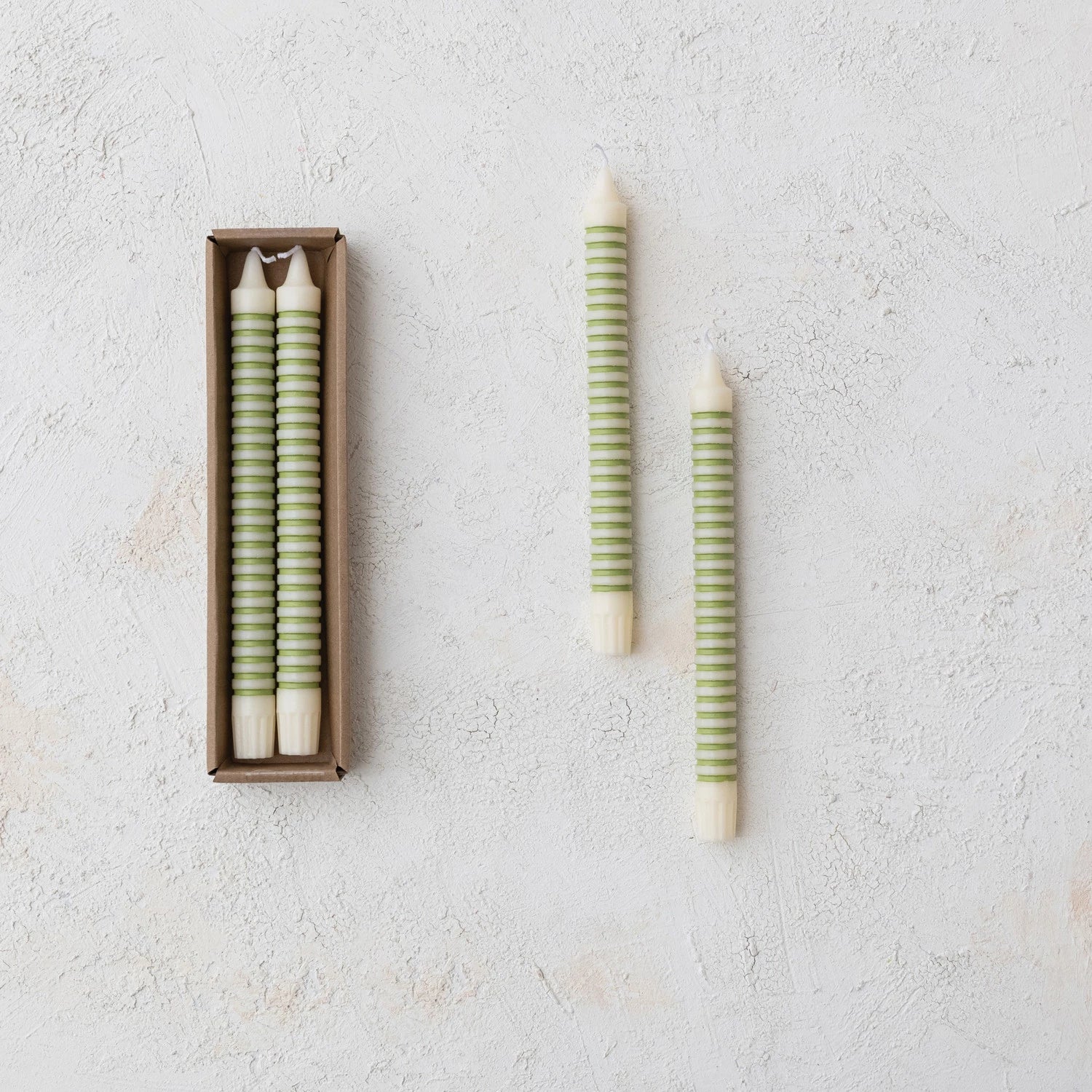 UNSCENTED STRIPED TAPER CANDLES IN BOX, SET OF 2